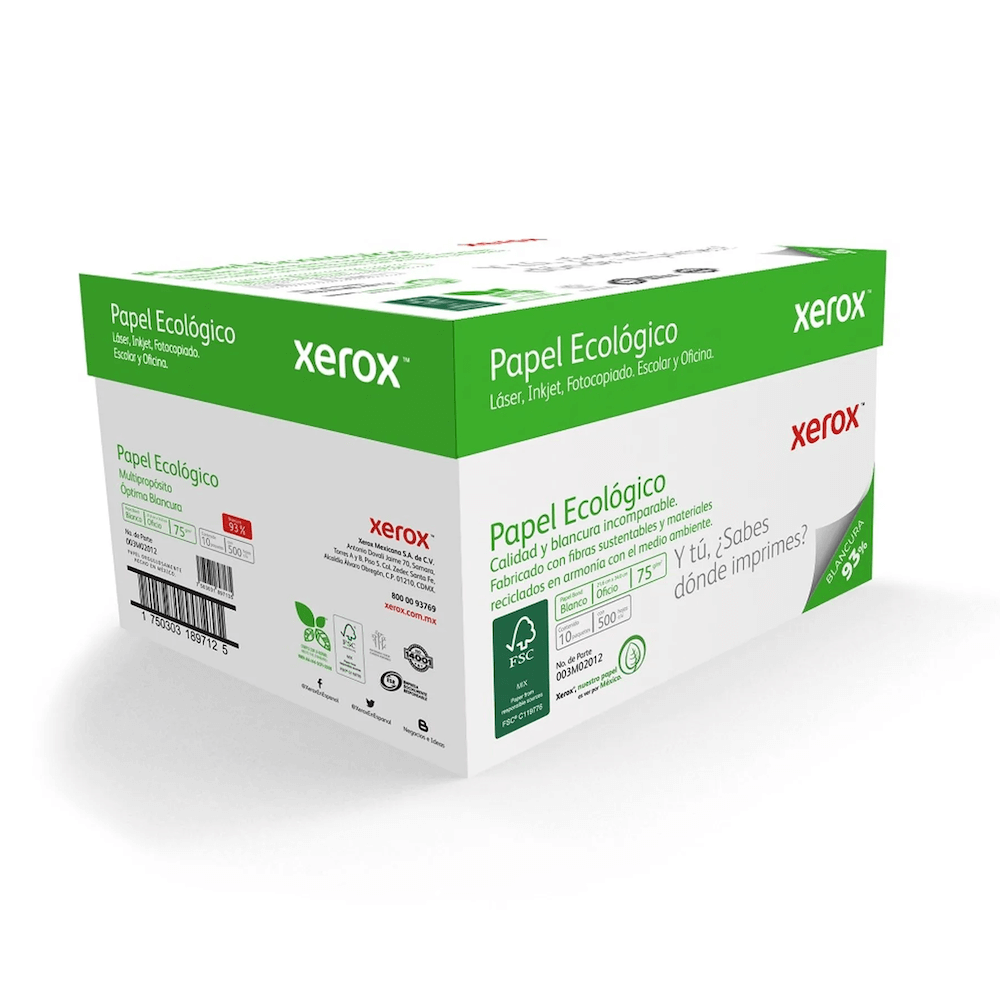 Caja de Papel Bond Xerox Ecológico Oficio 93% de Blancura 75g 5000 Hojas 003M02012