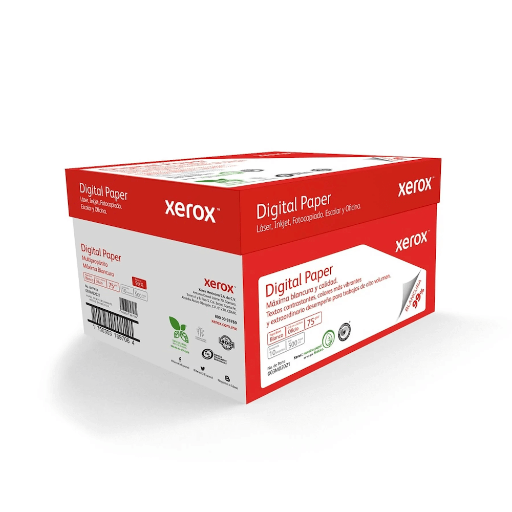 Caja de Papel Bond Xerox Rojo Oficio 99% de Blancura 75g 5000 Hojas 003M02021