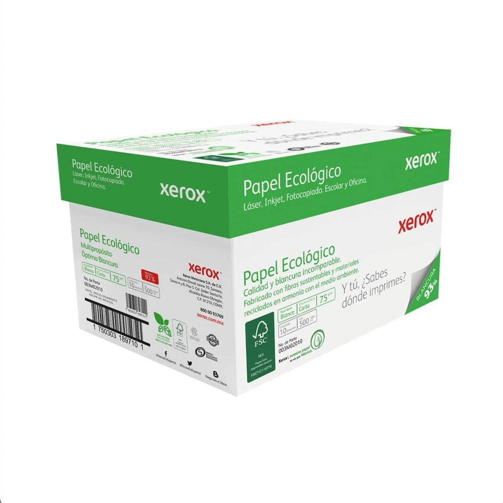 Caja de Papel Bond Xerox Ecológico Carta 93% de Blancura 75g 5000 Hojas 003M02010