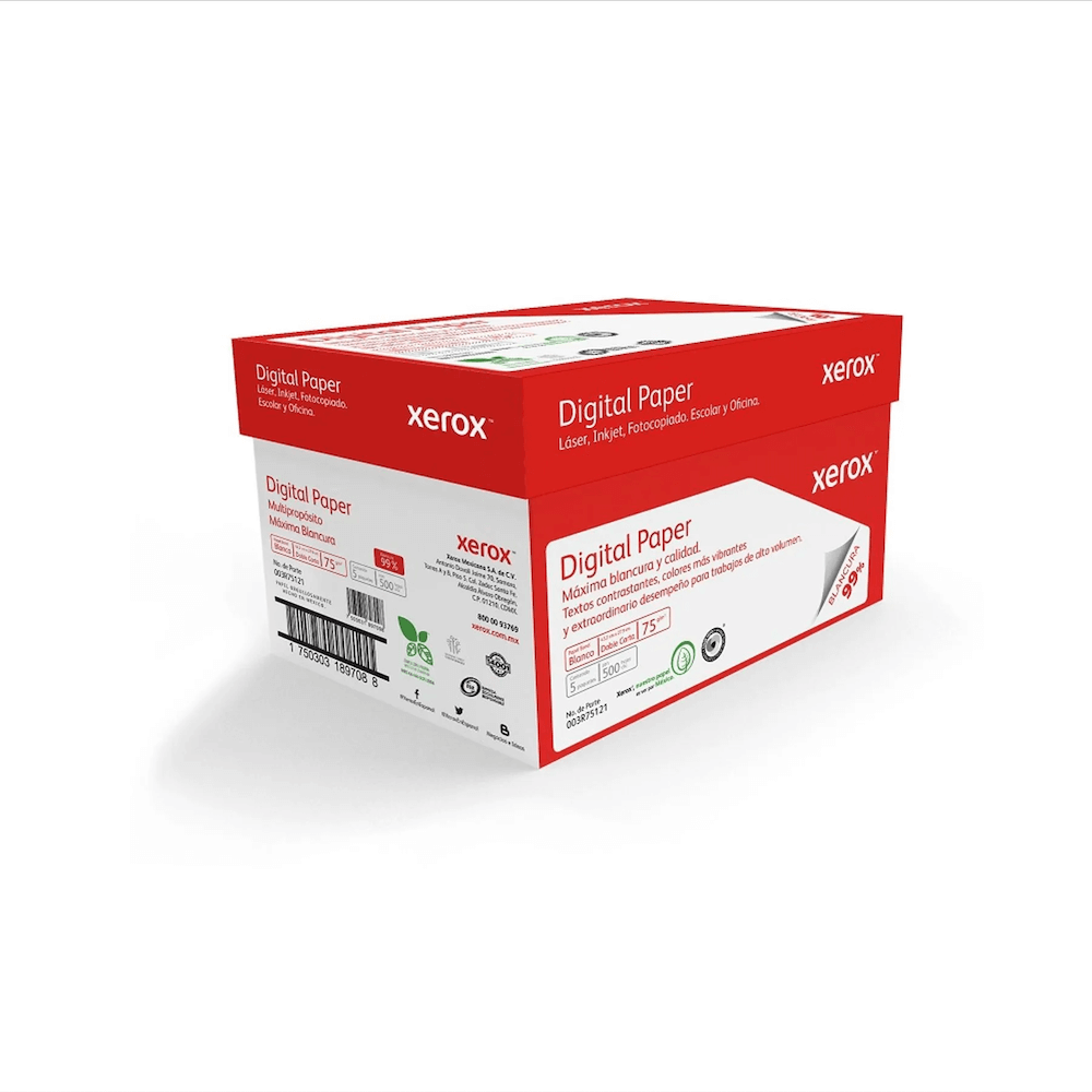 Caja de Papel Bond Xerox Rojo Doble Carta 99% de Blancura 75g 2500 Hojas 003R75121